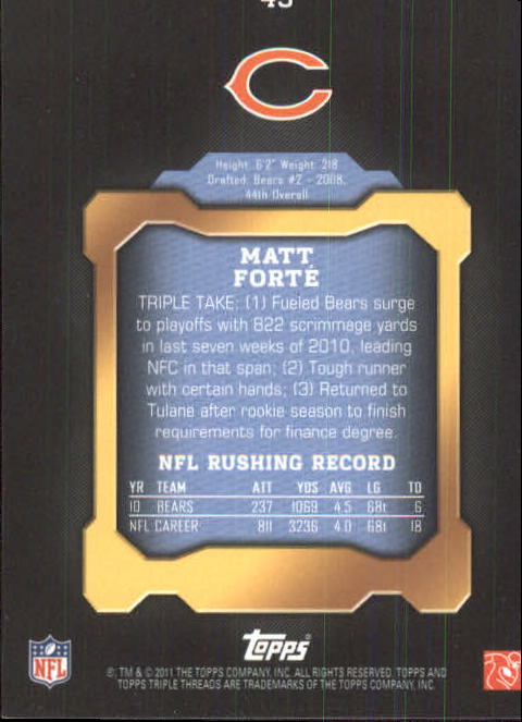 2011 Topps Triple Threads #43 Matt Forte back image
