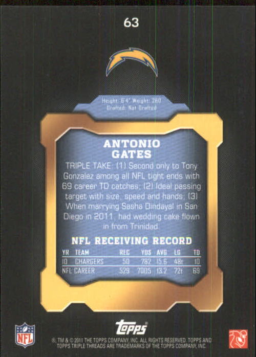 2011 Topps Triple Threads #63 Antonio Gates back image