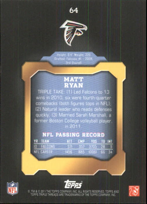 2011 Topps Triple Threads #64 Matt Ryan back image