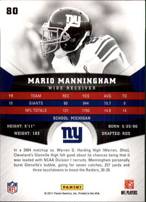 2011 Panini Gridiron Gear #80 Mario Manningham back image