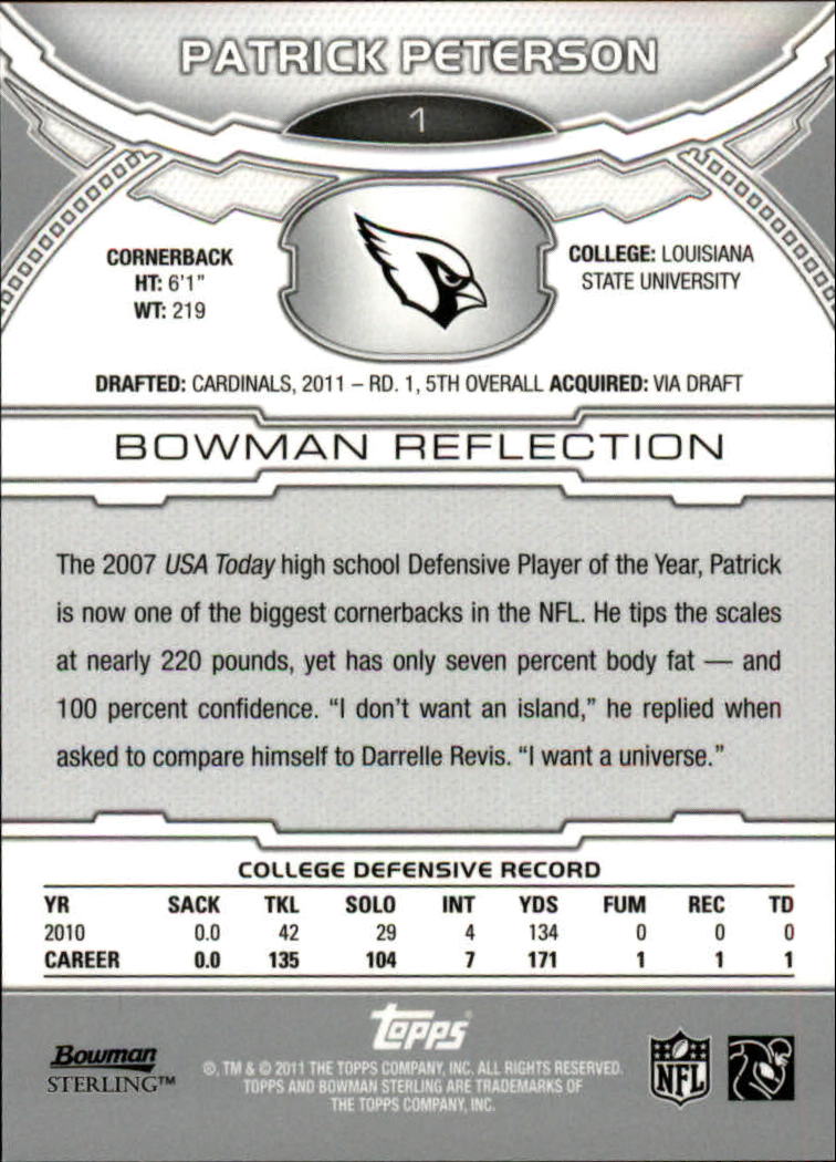2011 Bowman Sterling #1 Patrick Peterson RC back image