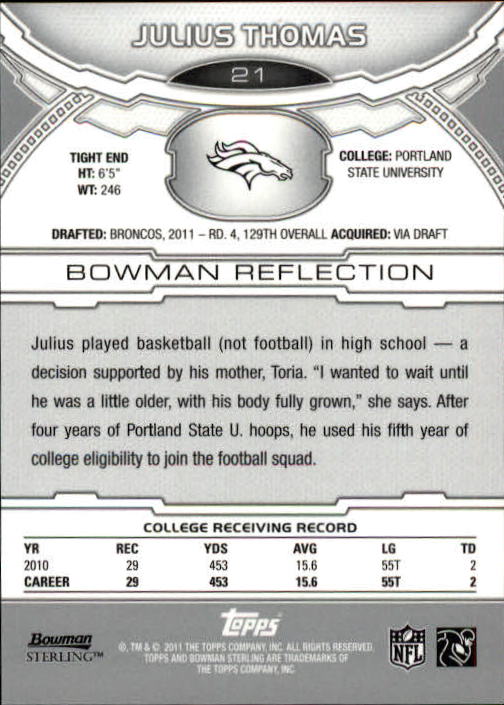 2011 Bowman Sterling #21 Julius Thomas RC back image