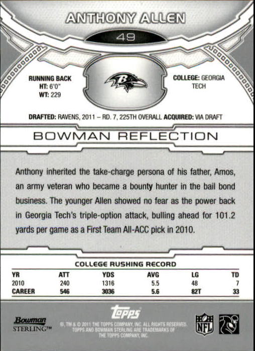 2011 Bowman Sterling #49 Anthony Allen RC back image