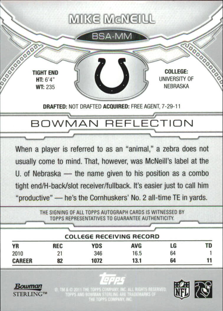 2011 Bowman Sterling #BSAMM Mike McNeill AU back image