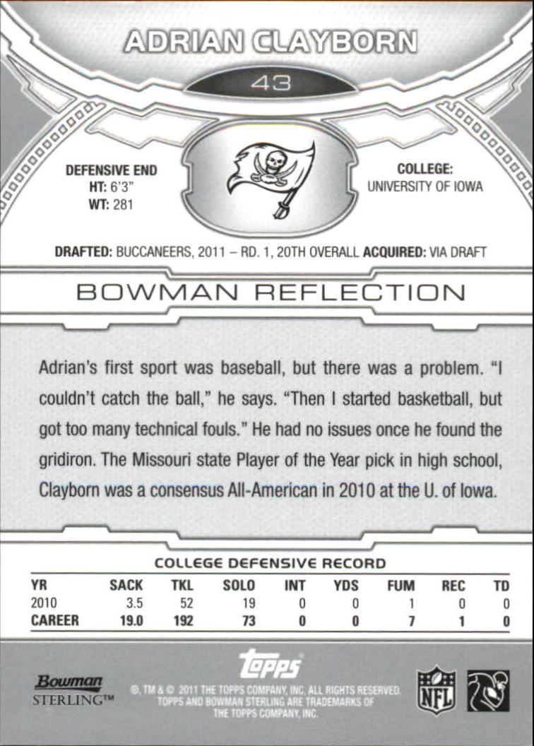 2011 Bowman Sterling Refractors #43 Adrian Clayborn back image
