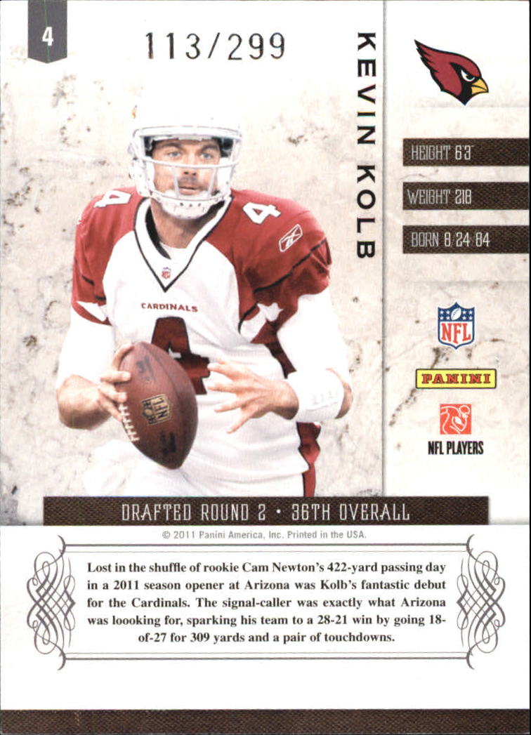 2011 Panini Plates and Patches #4 Kevin Kolb back image