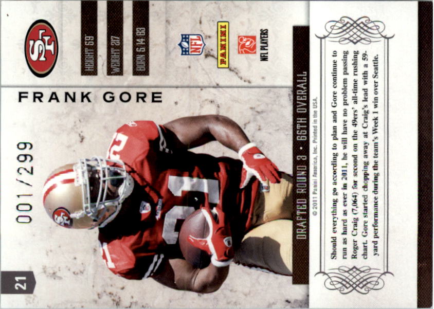 2011 Panini Plates and Patches #21 Frank Gore back image
