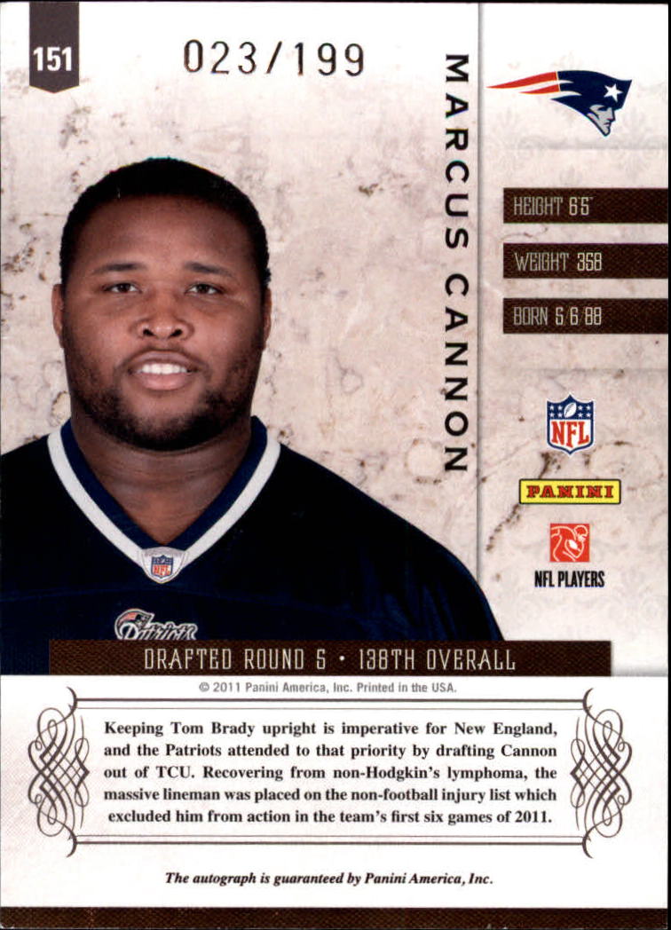2011 Panini Plates and Patches #151 Marcus Cannon AU/199 RC back image