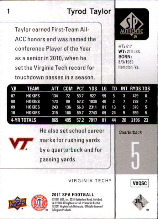 2011 SP Authentic #1 Tyrod Taylor back image