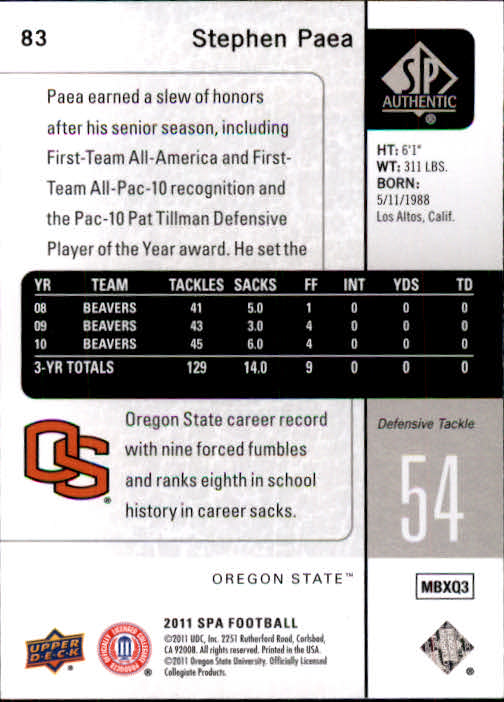 2011 SP Authentic #83 Stephen Paea back image