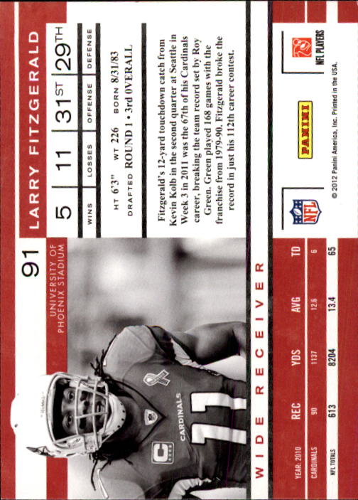 2011 Playoff Contenders #91 Larry Fitzgerald back image