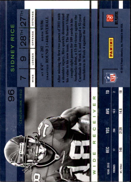 2011 Playoff Contenders #96 Sidney Rice back image