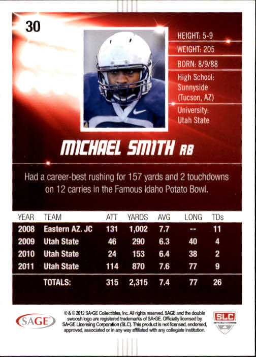 2012 SAGE HIT #30 Michael Smith back image