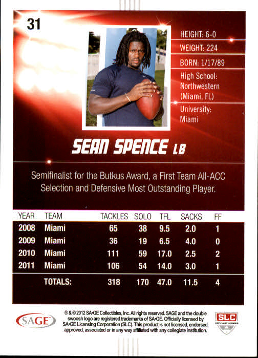 2012 SAGE HIT #31 Sean Spence back image