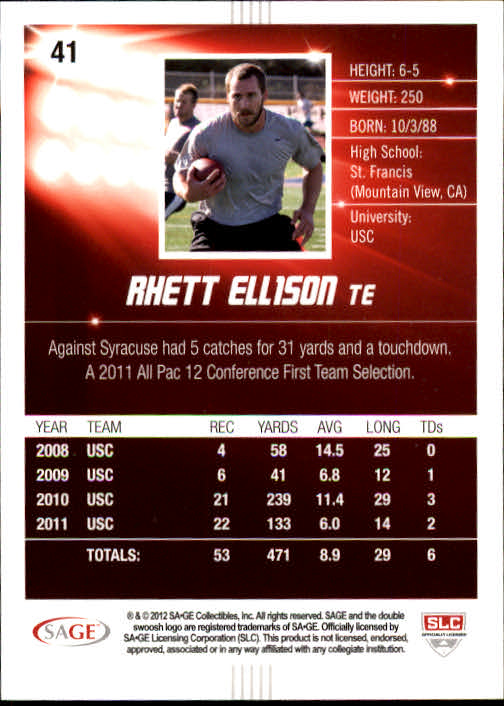 2012 SAGE HIT #41 Rhett Ellison back image