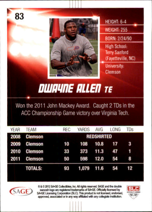 2012 SAGE HIT #83 Dwayne Allen back image