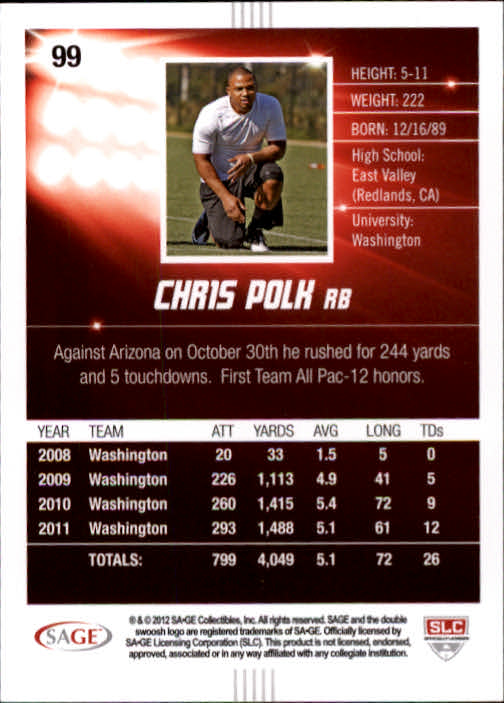 2012 SAGE HIT #99 Chris Polk back image
