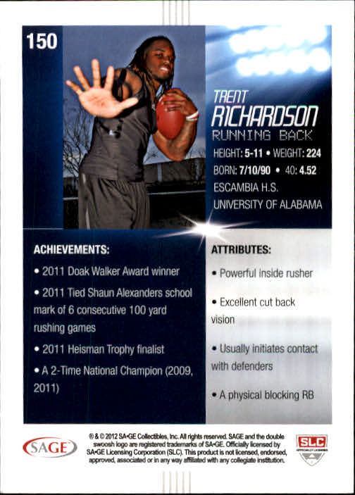 2012 SAGE HIT #150 Trent Richardson 12R/(vertical pose, pack insert) back image