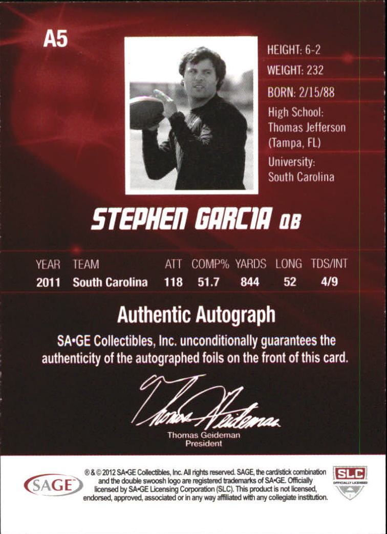 2012 SAGE HIT Autographs #A5 Stephen Garcia back image