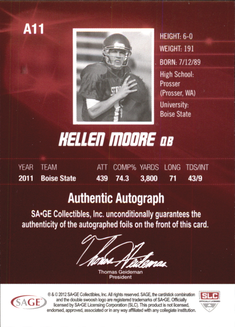 2012 SAGE HIT Autographs #A11 Kellen Moore back image