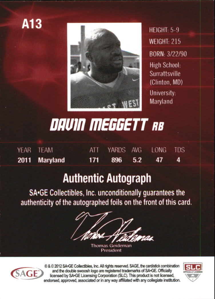 2012 SAGE HIT Autographs #A13 Davin Meggett back image