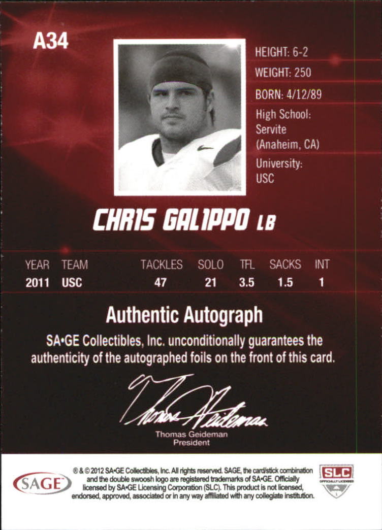 2012 SAGE HIT Autographs #A34 Chris Galippo back image