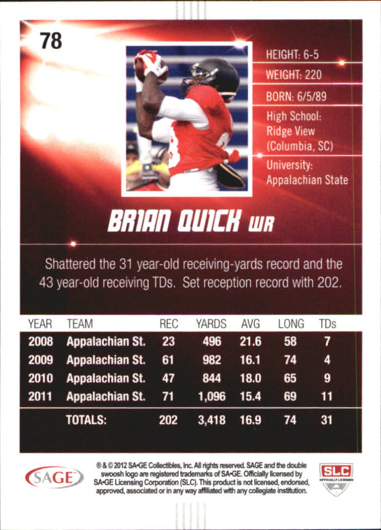 2012 SAGE HIT Silver #78 Brian Quick back image