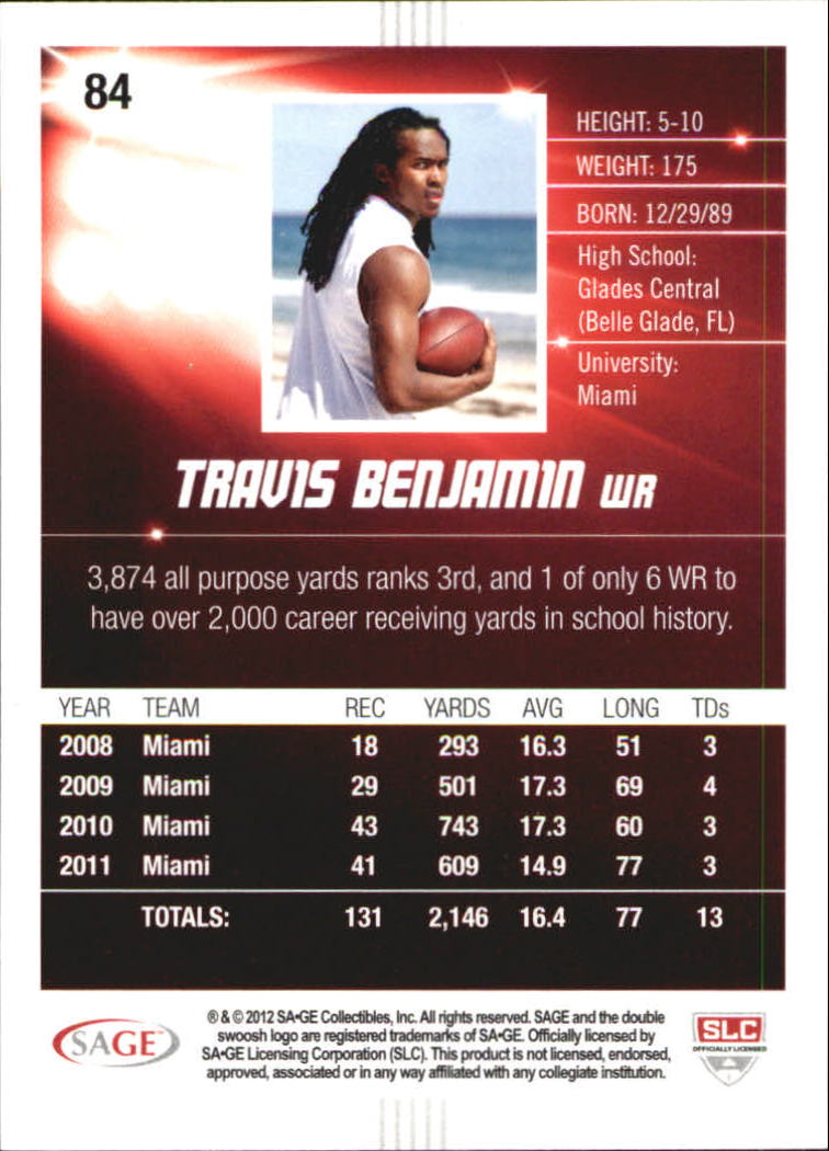 2012 SAGE HIT Silver #84 Travis Benjamin back image