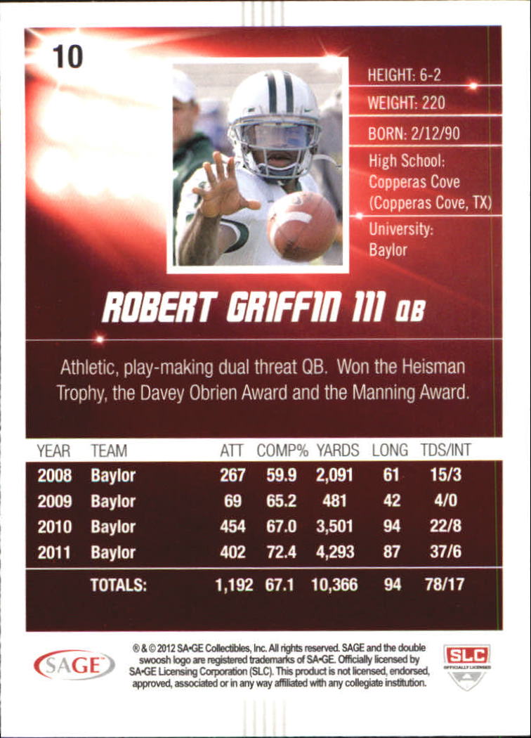 2012 SAGE HIT Gold #10 Robert Griffin III back image
