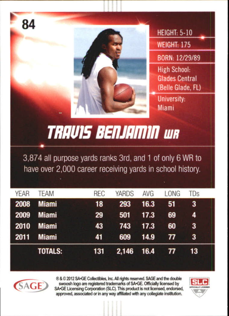 2012 SAGE HIT Gold #84 Travis Benjamin back image