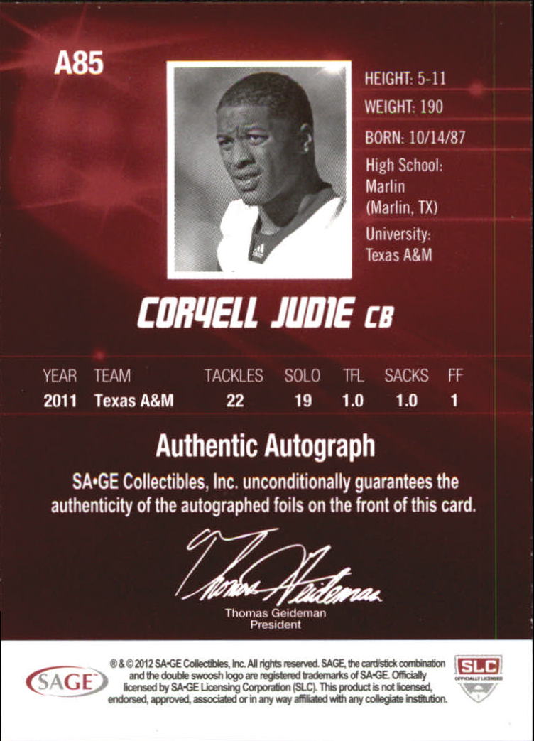 2012 SAGE HIT Autographs Gold #A85 Coryell Judie back image