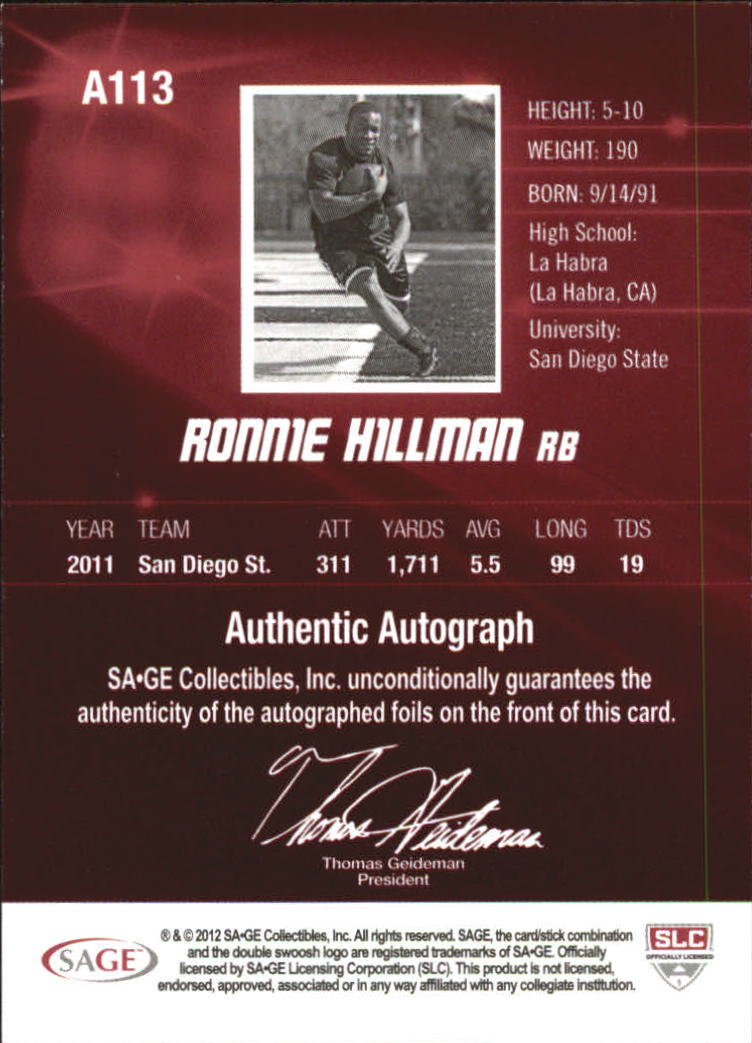 2012 SAGE HIT Autographs Gold #A113 Ronnie Hillman back image