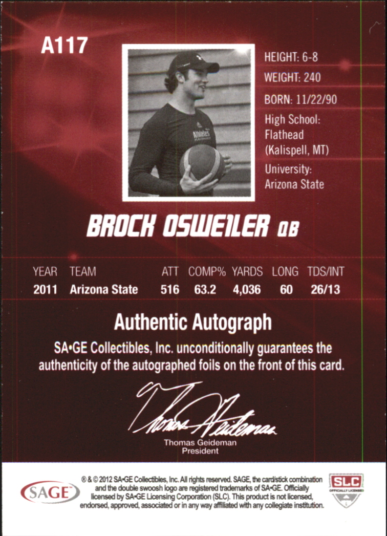 2012 SAGE HIT Autographs Gold #A117 Brock Osweiler back image