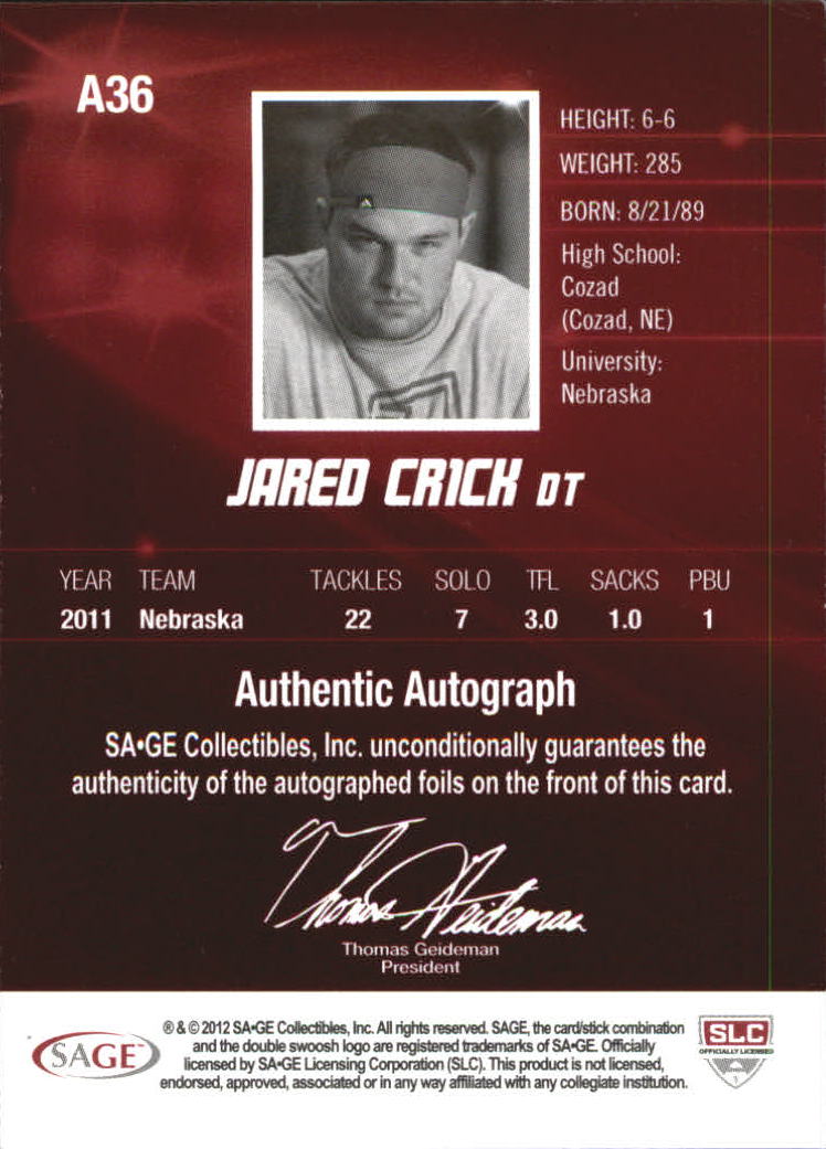 2012 SAGE HIT Autographs Silver #A36 Jared Crick back image