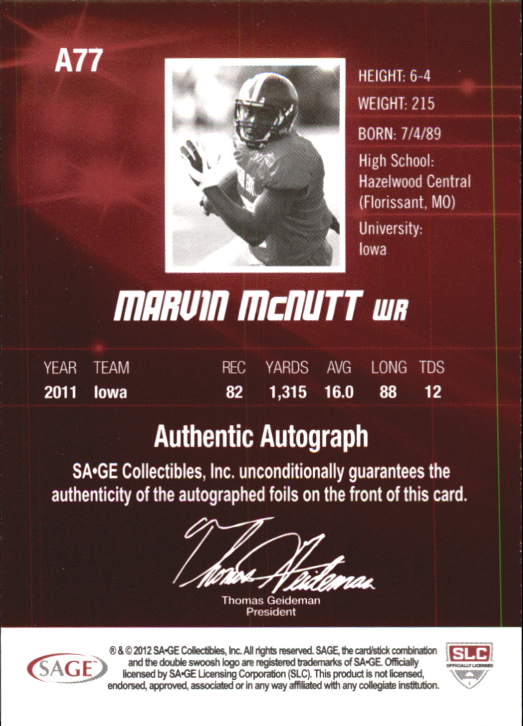 2012 SAGE HIT Autographs Silver #A77 Marvin McNutt back image