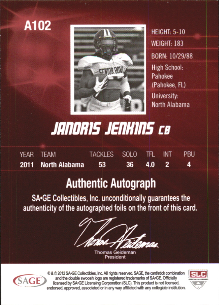 2012 SAGE HIT Autographs Silver #A102 Janoris Jenkins back image