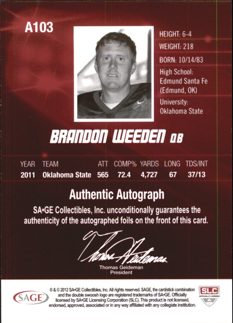 2012 SAGE HIT Autographs Silver #A103 Brandon Weeden back image