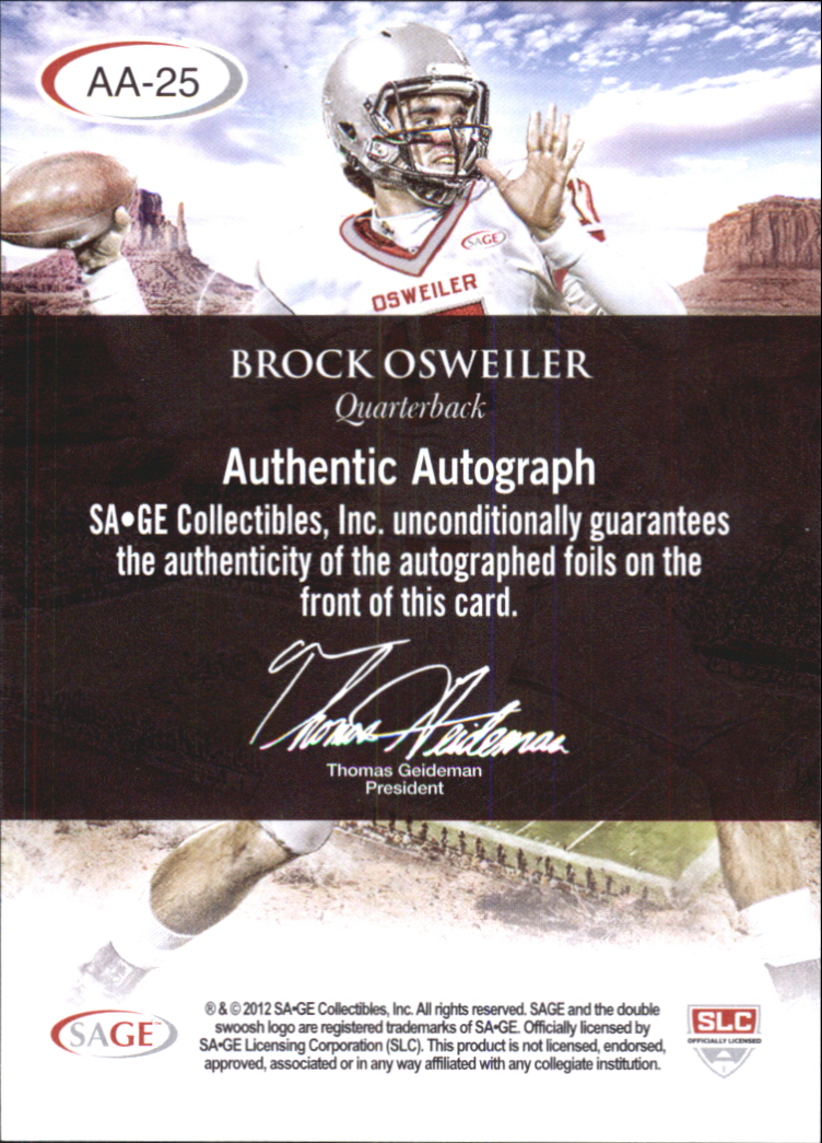2012 SAGE HIT Artistry Autographs #AA25 Brock Osweiler back image