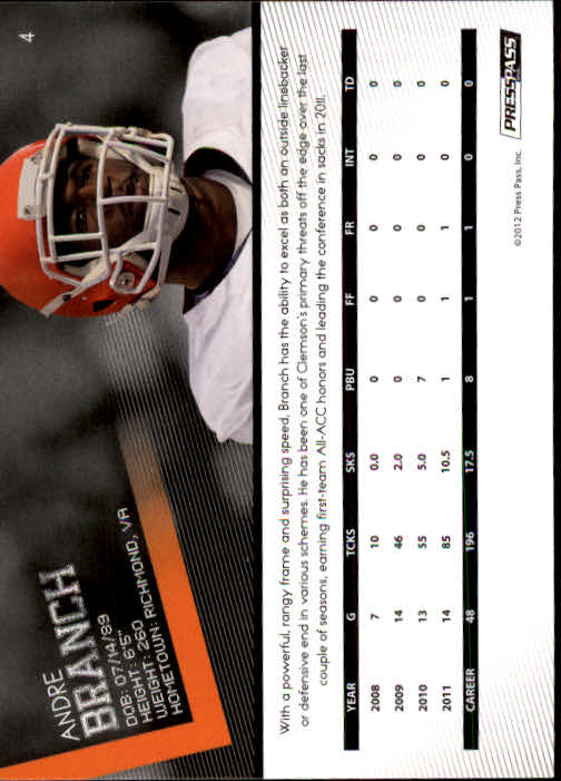 2012 Press Pass #4 Andre Branch back image