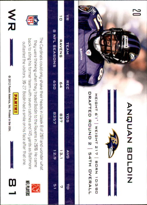 2011 Totally Certified #20 Anquan Boldin back image