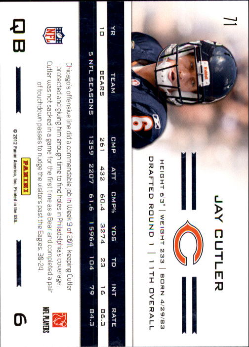 2011 Totally Certified #71 Jay Cutler back image