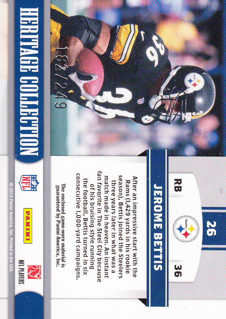 2011 Totally Certified Heritage Collection Jerseys #26 Jerome Bettis/249 back image