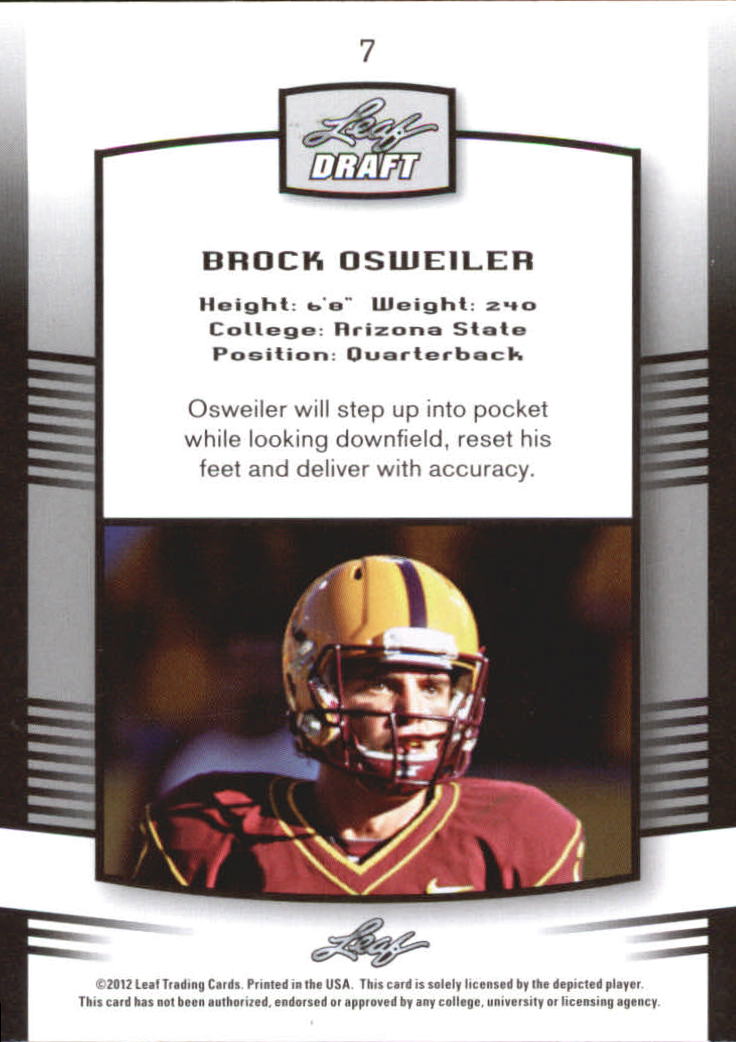 2012 Leaf Draft #7 Brock Osweiler back image