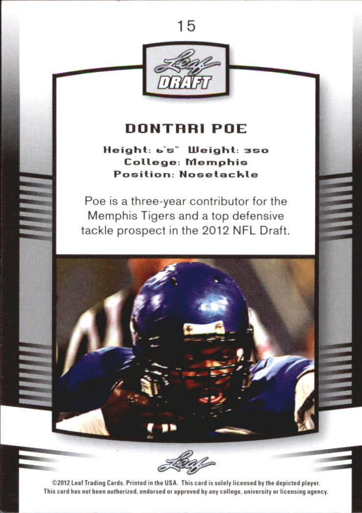 2012 Leaf Draft #15 Dontari Poe back image