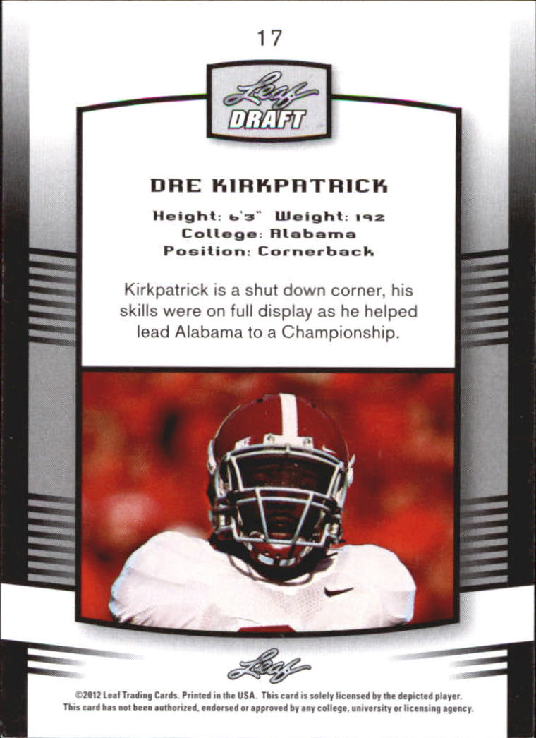 2012 Leaf Draft #17 Dre Kirkpatrick back image