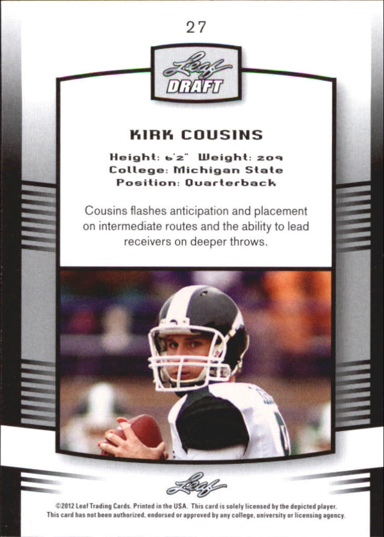 2012 Leaf Draft #27 Kirk Cousins back image