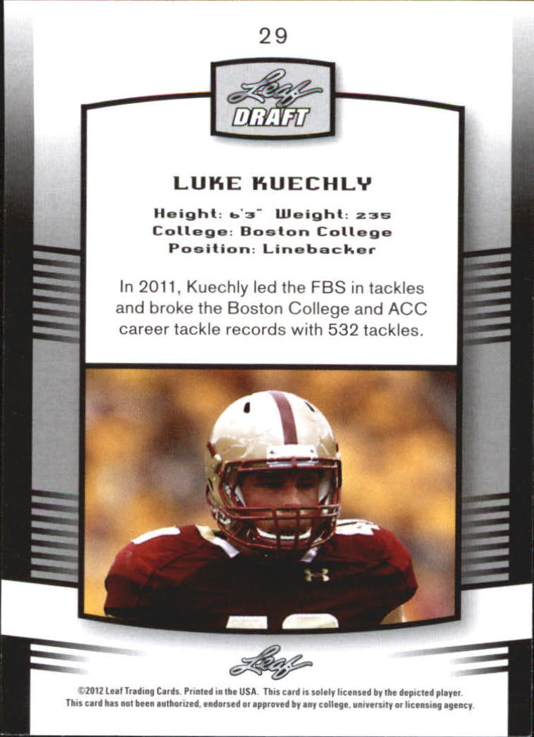 2012 Leaf Draft Blue #29 Luke Kuechly back image