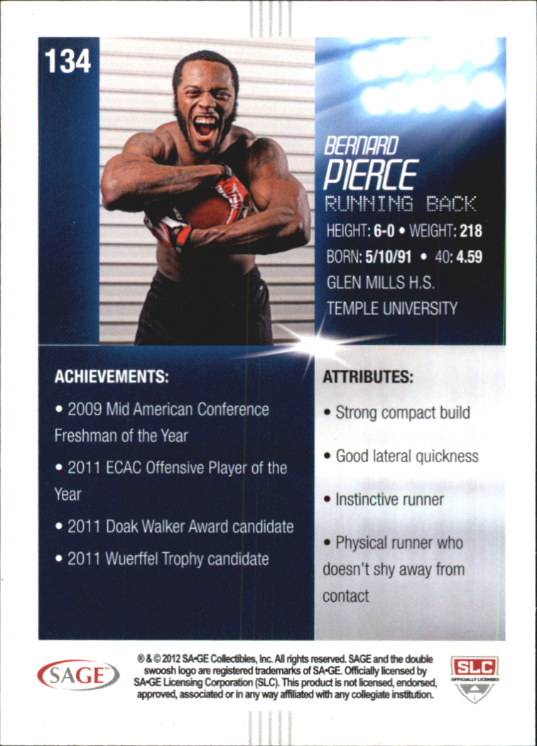 2012 SAGE HIT Red #134 Bernard Pierce 12R back image
