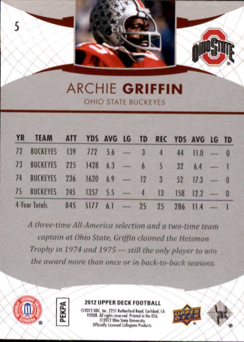 2012 Upper Deck #5 Archie Griffin back image