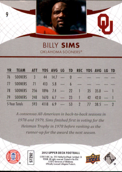 2012 Upper Deck #9 Billy Sims back image